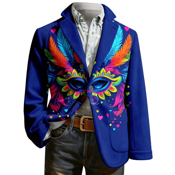IWRICH Men's Mardi Gras Suit Jacket Printed Corduroy Lapel Button Blazers Jackets with Pockets for Formal Event 06-Blue L