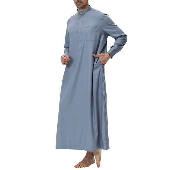 IWRICH Men's Muslim Clothes Durable Kaftan Robe Dubai Long Gown Ethnic Clothes Soft Robe 01-Grey L