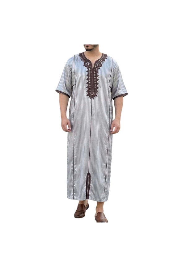 Men's Clothes Short Sleeves V-Neck Thobe Middle East Kaftan Saudi Arab Caftans Abaya Dress Silver XL