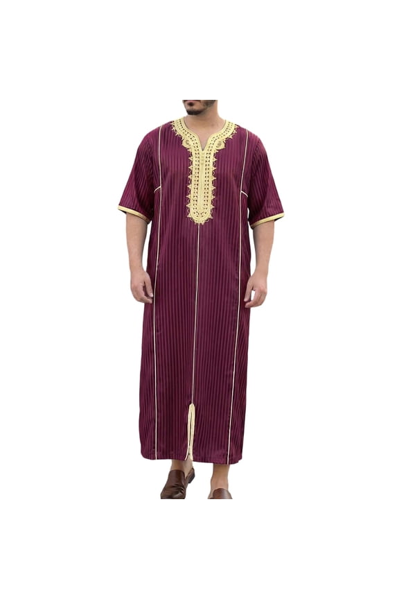 Men's Muslim Clothes Short Sleeves V-Neck Thobe Middle East Kaftan Saudi Arab Caftans Islamic Abaya Dress Wine XL