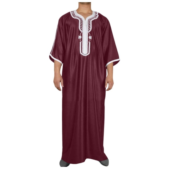IWRICH Men's Muslim Clothes V-Neck Short Sleeve Plus Size Thobe Kaftan Loose Casual Solid Color Breathable Soft Thobe Red XXL