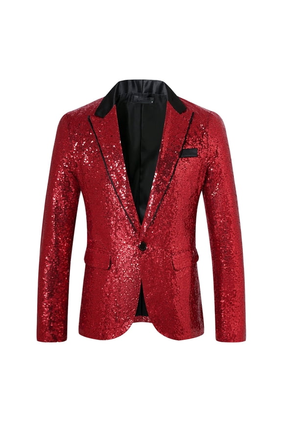 Men's One Button Sequin Dress Suit Jacket Party Festival Tuxedo Sport Coat Z-Red XL