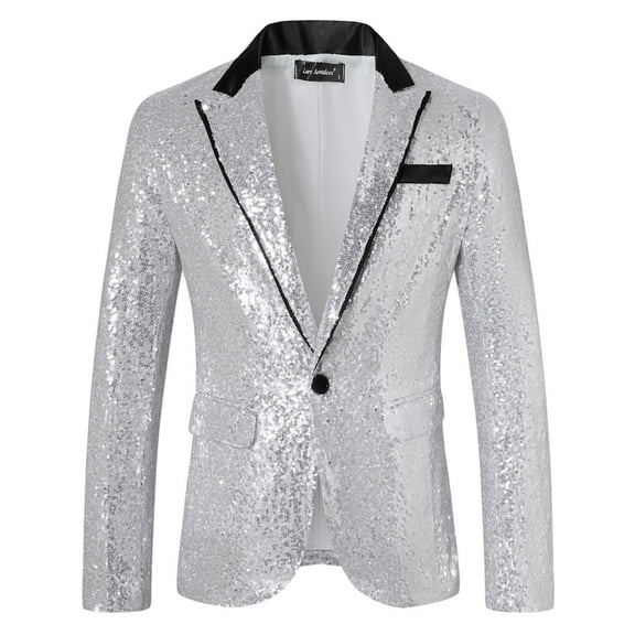 IWRICH Men's One Button Sequin Dress Suit Jacket Party Festival Tuxedo Sport Coat Z-Silver L