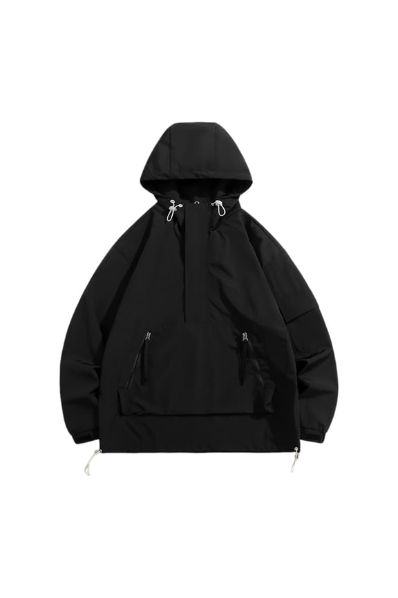 IWRICH Men's Oversized Windproof Hoodie Jacket Long Sleeve Street Fashion Sweatshirt Casual Pullover with Pocket Black XXL