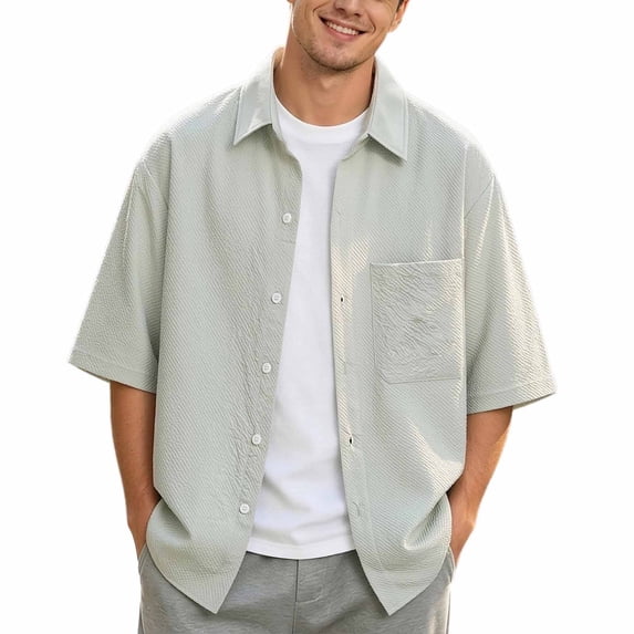 IWRICH Men's Plain Textured Summer Shirt Jacket Casual Button down Short Sleeve Beach Shirts Green L