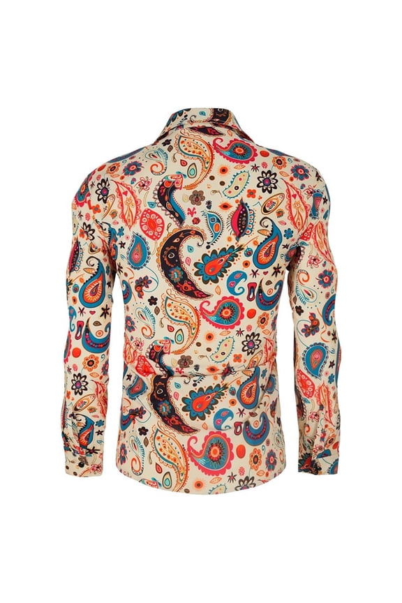 Men's Plus Size 70s Disco Shirta Paisley 1970s Casual Tops Retro Floral Long Sleeved Button down Party Costumes T Shirts Khaki XL