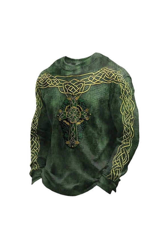 Men's Plus Size St. Patrick's Day Irish Celtic Cross Printed T Shirt Shamrock Casual Tees Crew Neck Muscle Tops 01-Army Green XXXXL