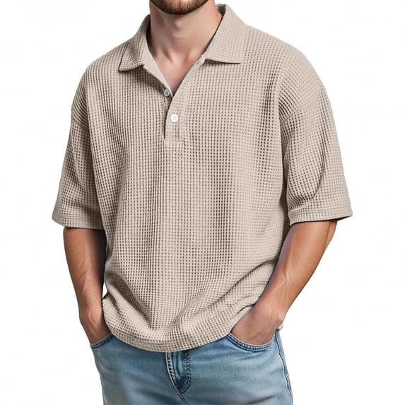 IWRICH Men's Polo Shirts Short Sleeve Polo Shirts Loose Fit Casual Collared Shirt Textured Knit Workout Tops Beige M