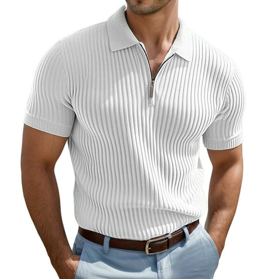 IWRICH Men's Quarter Zip Plus Size White Polo Shirts Short Sleeve Ribbed Knit T Shirts Fashion Casual Slim Fit Shirts White XL
