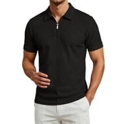 IWRICH Mens Quarter Zip Texture Polo Shirts Spring Summer Fashion Knit Tops Short Sleeve Dress Clothes Black M