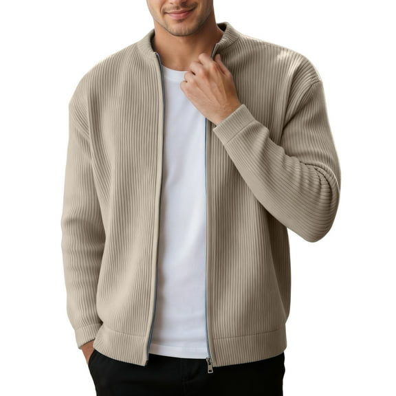 IWRICH Men's Ribbed Stand Collar Knit Jacket Full Zip Textured Cardigan for Casual Office Wear Khaki XXL