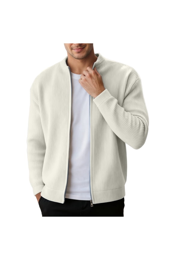 Men's Ribbed Stand Collar Knit Jacket Full Zip Textured Cardigan for Casual Office Wear White XL
