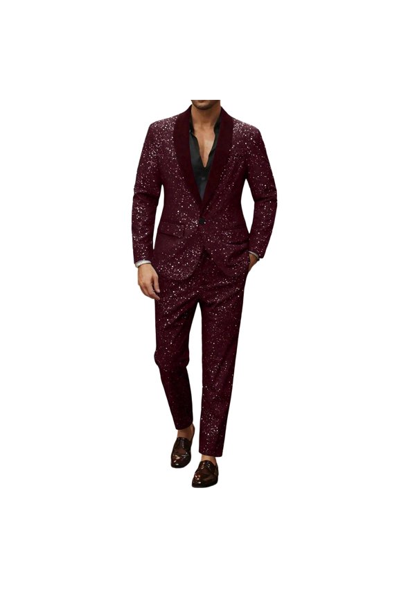 Men's Sequin Suits Slim Fit One Button Tuxedo Suit Jacket Dress Pants Sparkle Blazer 2 Piece Sets for Party Wedding Prom Red XL