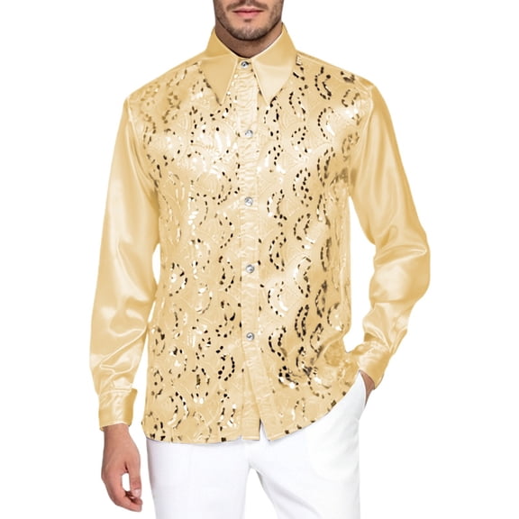 IWRICH Men's Sequins Stage Dress Shirts Long Sleeve Button down Lapel Tops Luxury Disco Party Club Prom Wedding Formal Suit Gold S