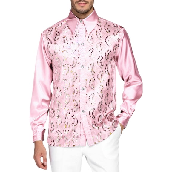 IWRICH Men's Sequins Stage Dress Shirts Long Sleeve Button down Lapel Tops Luxury Disco Party Club Prom Wedding Formal Suit RD3 S
