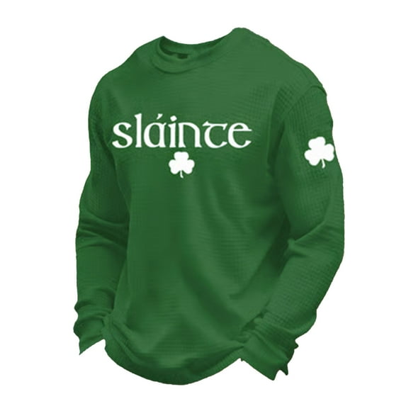 IWRICH Men's Shamrock Printed T Shirts Fashion St. Patrick's Day Waffle Long Sleeve Tees Plus Size Slim Fit Tops Green L