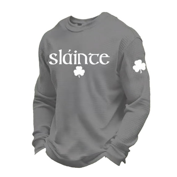 IWRICH Men's Shamrock Printed T Shirts Fashion St. Patrick's Day Waffle Long Sleeve Tees Plus Size Slim Fit Tops Grey S