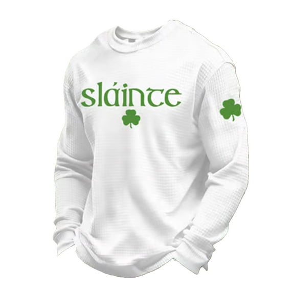 IWRICH Men's Shamrock Printed T Shirts Fashion St. Patrick's Day Waffle Long Sleeve Tees Plus Size Slim Fit Tops White XL