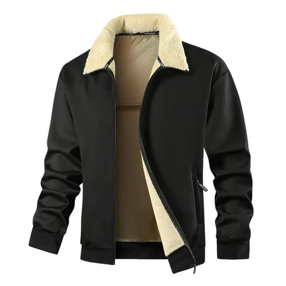 IWRICH Men's Sherpa Lined Jacket Thick Warm Fuzzy Windproof Plush Collar Winter Coats Retro Solid Trucker Coat Outwear Black XS