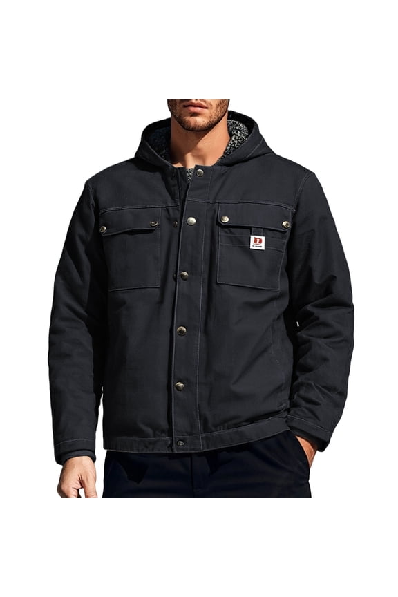IWRICH Men's Sherpa Lined Utility Jacket Oversize Relaxed Fit Work Coat Hooded Canvas Jacket Black XXXXL