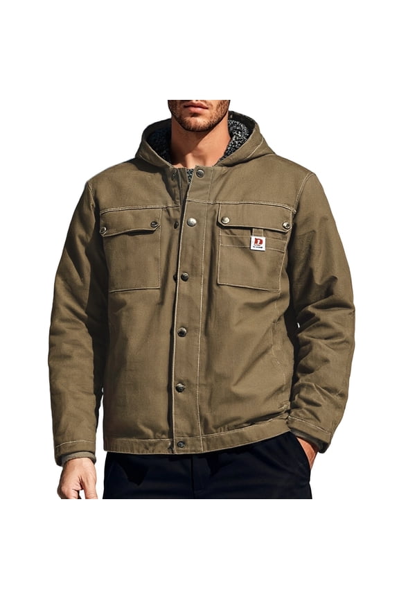 IWRICH Men's Sherpa Lined Utility Jacket Oversize Relaxed Fit Work Coat Hooded Canvas Jacket Brown XL