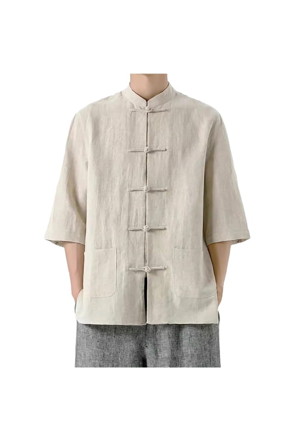 Men's Shirt Tang Suit Shirt Long Sleeve Traditional Chinese Buttons Lightweight Jacket Summer Khaki L