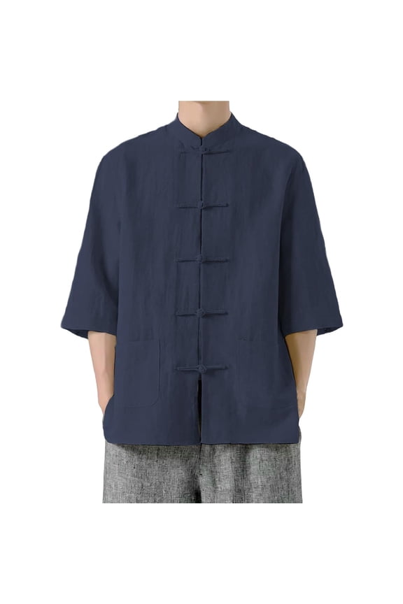 Men's Shirt Tang Suit Shirt Long Sleeve Traditional Chinese Buttons Lightweight Jacket Summer Navy XXXXL