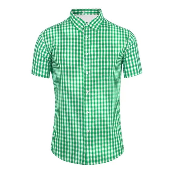 IWRICH Men's Short Sleeve Plaid Casual Button down Shirts Gingham Regular Fit Dress Shirts Green XXXL