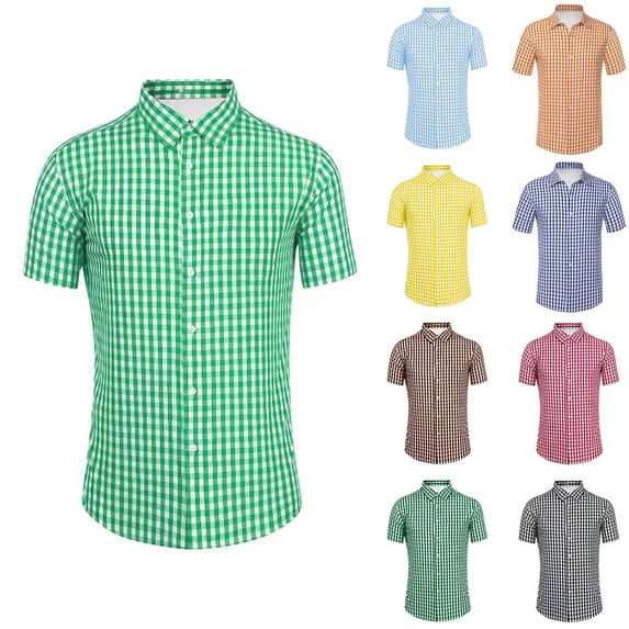 IWRICH Men's Short Sleeve Plaid Casual Button down Shirts Gingham Regular Fit Dress Shirts Yellow XL