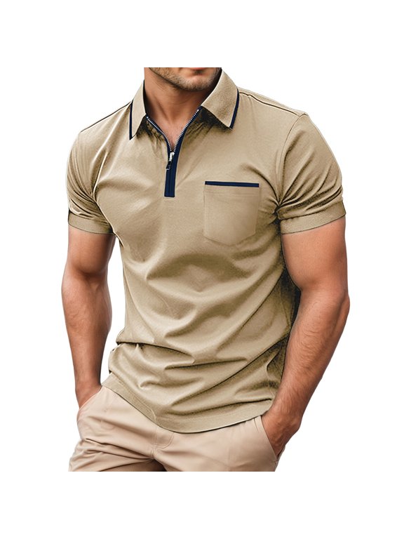 Men's Short Sleeve Polo Shirts Quarter-Zip Casual Slim Fittops Lapel Neck Basic V Neck Tees Beige L