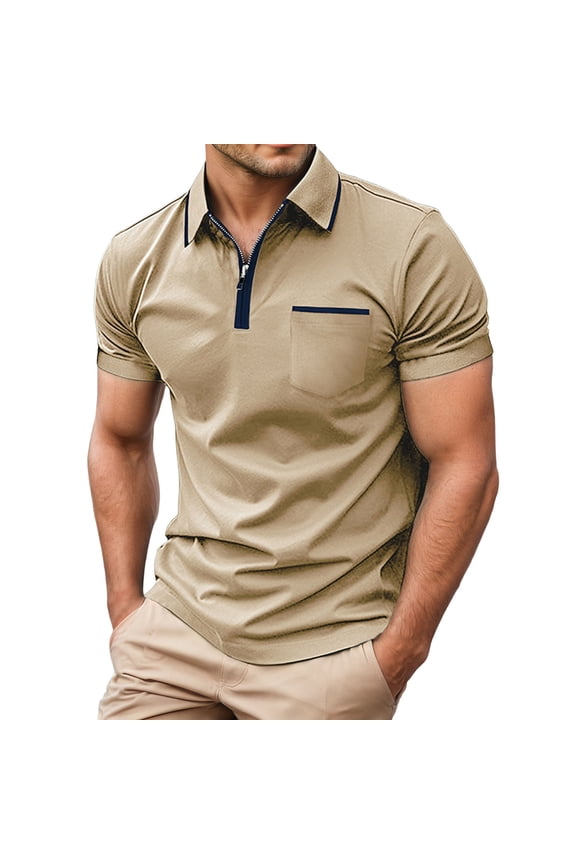 Men's Short Sleeve Polo Shirts Quarter-Zip Casual Slim Fittops Lapel Neck Basic V Neck Tees Beige M
