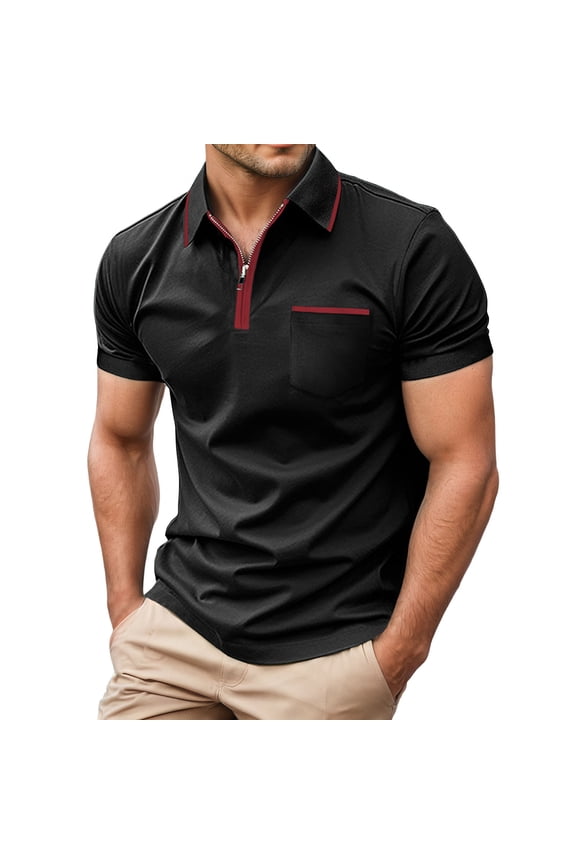 Men's Short Sleeve Polo Shirts Quarter-Zip Casual Slim Fittops Lapel Neck Basic V Neck Tees Black S