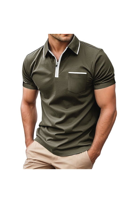 Men's Short Sleeve Polo Shirts Quarter-Zip Casual Slim Fittops Lapel Neck Basic V Neck Tees Green M