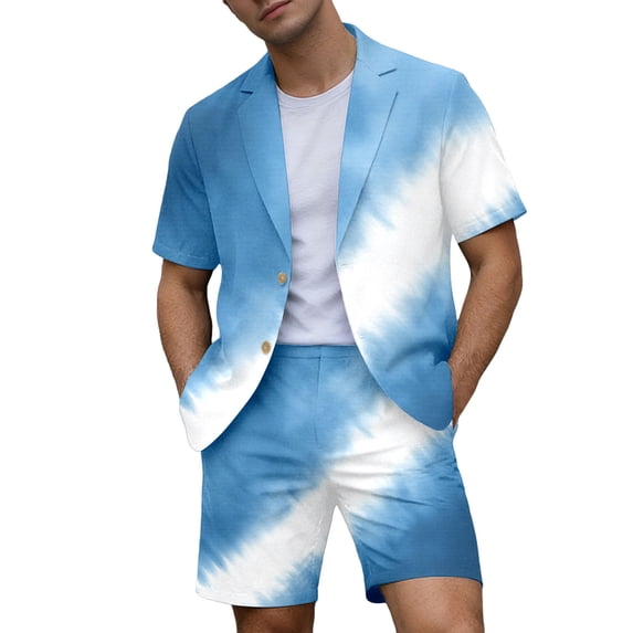 IWRICH Men's Short Sleeve Suit Sets Tie-Dye Formal Blazer Jacket and Shorts Wedding Party Business Casual Attire 02-Blue L