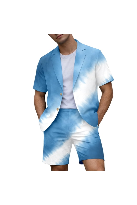 Men's Short Sleeve Suit Sets Tie-Dye Formal Blazer Jacket and Shorts Wedding Party Business Casual Attire 02-Blue XXL