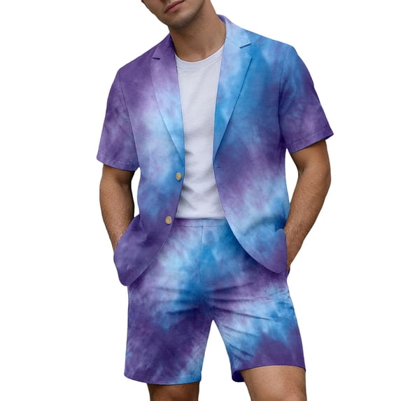IWRICH Men's Short Sleeve Suit Sets Tie-Dye Formal Blazer Jacket and Shorts Wedding Party Business Casual Attire 04-Purple XXXXL