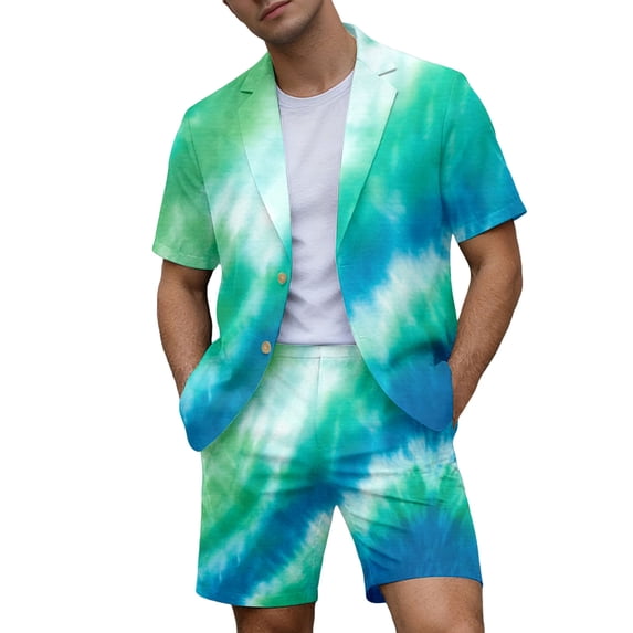 IWRICH Men's Short Sleeve Suit Sets Tie-Dye Formal Blazer Jacket and Shorts Wedding Party Business Casual Attire 06-Green S