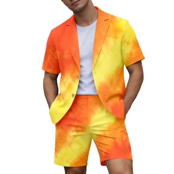 IWRICH Men's Short Sleeve Suit Sets Tie-Dye Formal Blazer Jacket and Shorts Wedding Party Business Casual Attire 07-Orange L