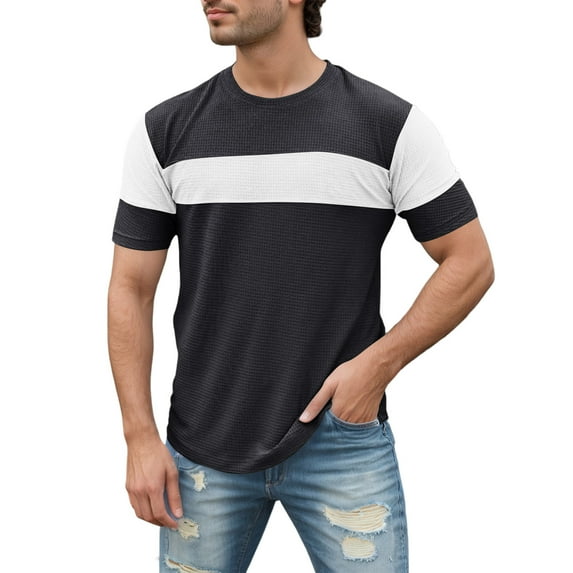 IWRICH Men's Short Sleeve Tee Color Block Crew Neck Pullover Casual Basic Shirts Black XXL