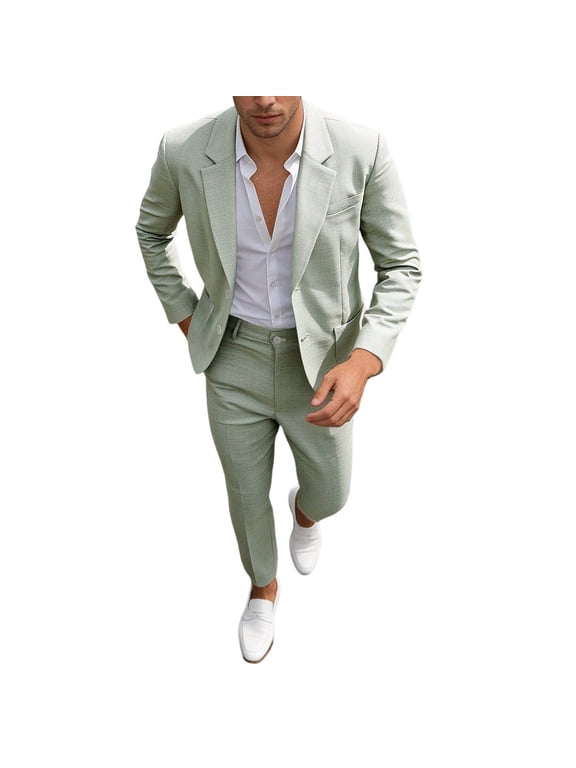 Men's Slim Fit Lightweight Casual Blazer Jacket Pants 2 Piece Set 2 Button Sport Coats Suit for Groom Groomsman Wedding Business Green L