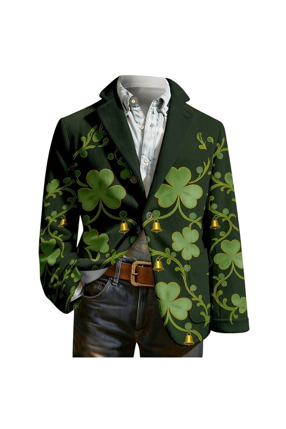 Men's St. Patrick's Day Corduroy Blazer Long Sleeve Printed Suit Jackets Sports Coats Double Button Casual Jacket with Pocket 05-Green S
