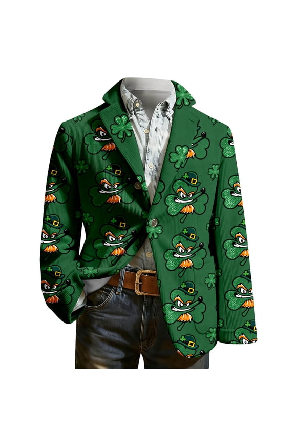 Men's St. Patrick's Day Corduroy Blazer Long Sleeve Printed Suit Jackets Sports Coats Double Button Casual Jacket with Pocket 08-Green S