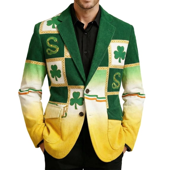 IWRICH Men's St. Patrick’s Day Corduroy Printed Jacket Shamrock Holiday Party Coat Casual Plus Size Blazer 01-Green M