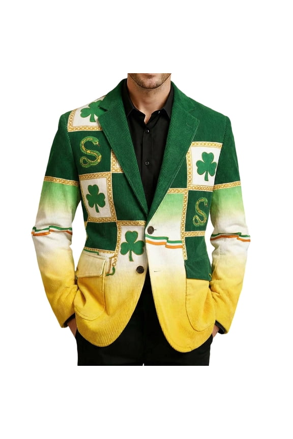 Men's St. Patrick’s Day Corduroy Printed Jacket Shamrock Holiday Party Coat Casual Plus Size Blazer 01-Green XXXL