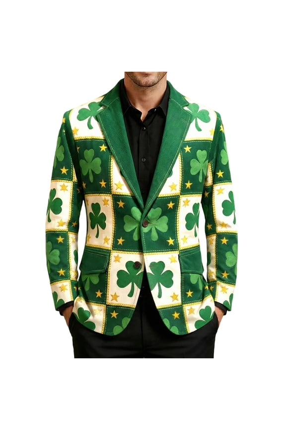 Men's St. Patrick’s Day Corduroy Printed Jacket Shamrock Holiday Party Coat Casual Plus Size Blazer 02-Green S