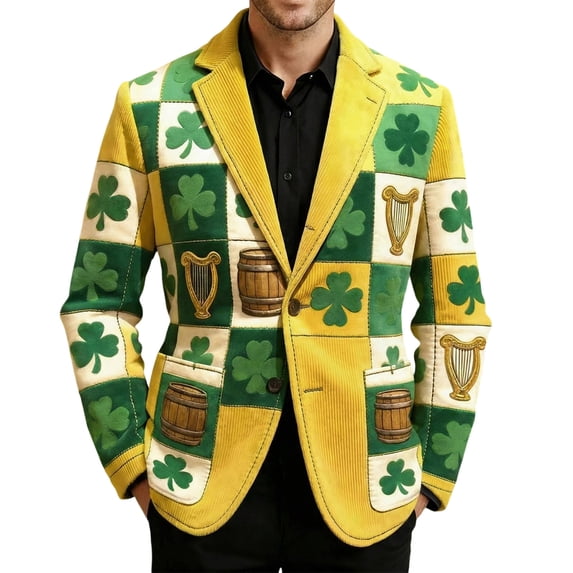 IWRICH Men's St. Patrick’s Day Corduroy Printed Jacket Shamrock Holiday Party Coat Casual Plus Size Blazer 03-Green L