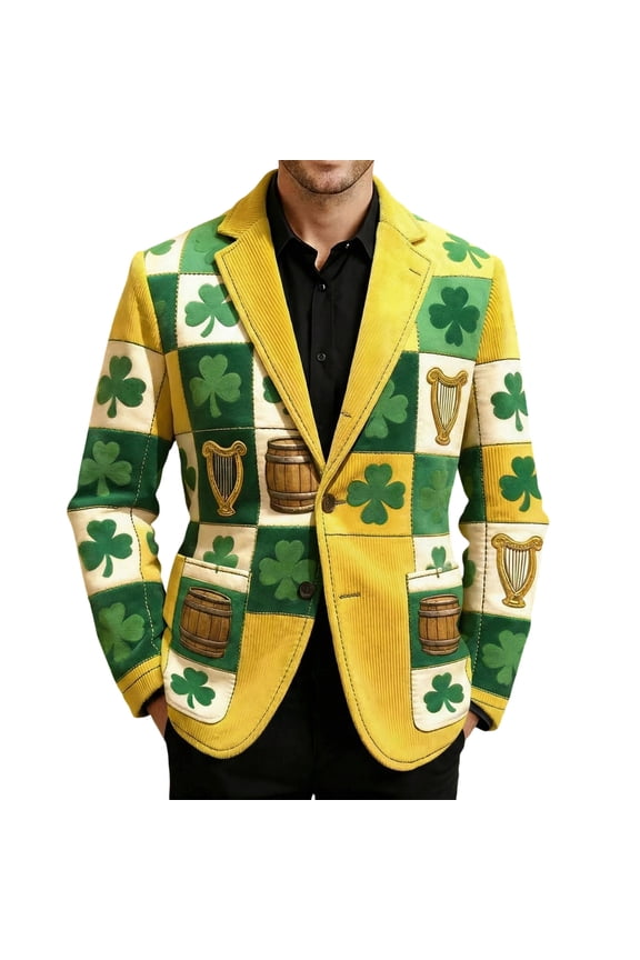 Men's St. Patrick’s Day Corduroy Printed Jacket Shamrock Holiday Party Coat Casual Plus Size Blazer 03-Green XXL