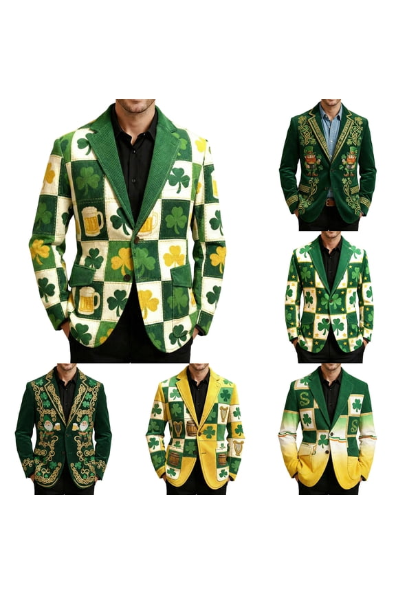 Men's St. Patrick’s Day Corduroy Printed Jacket Shamrock Holiday Party Coat Casual Plus Size Blazer 04-Green XL