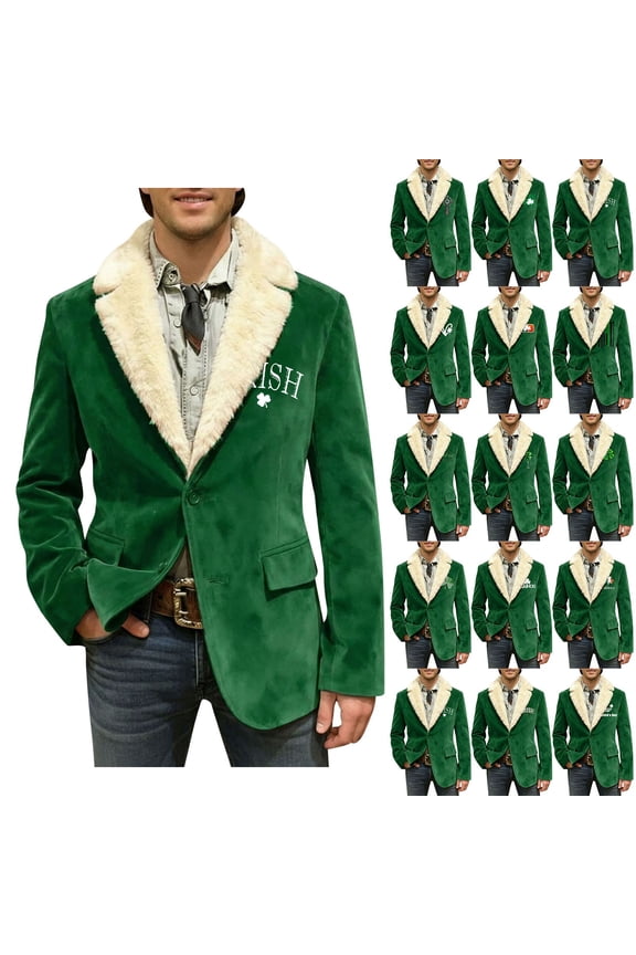 Men's St. Patrick's Day Corduroy Suit Blazer Collar Shamrock Printed Blazers Holiday Jacket 12-Green XL