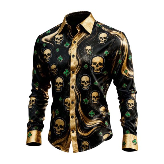 IWRICH Men's St. Patrick's Day Long Sleeve Shirts Casual Button down Shirts Print Dress Shirt Autumn Spring Tops Outfits Black XXL